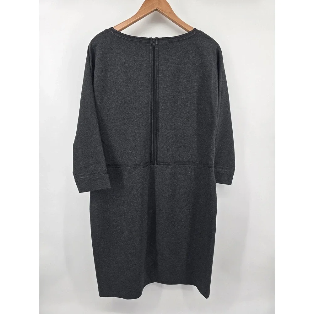Lafayette 148 New York Dress Women 12 Gray Leather Trim 3/4 Sleeve Shift Pockets